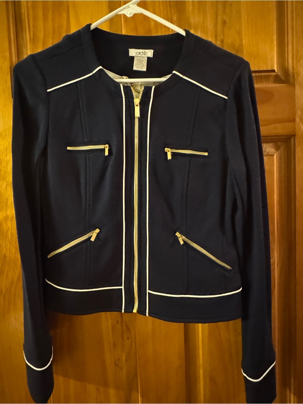 Cache Navy Jacket with White Trim and Gold Zippers
